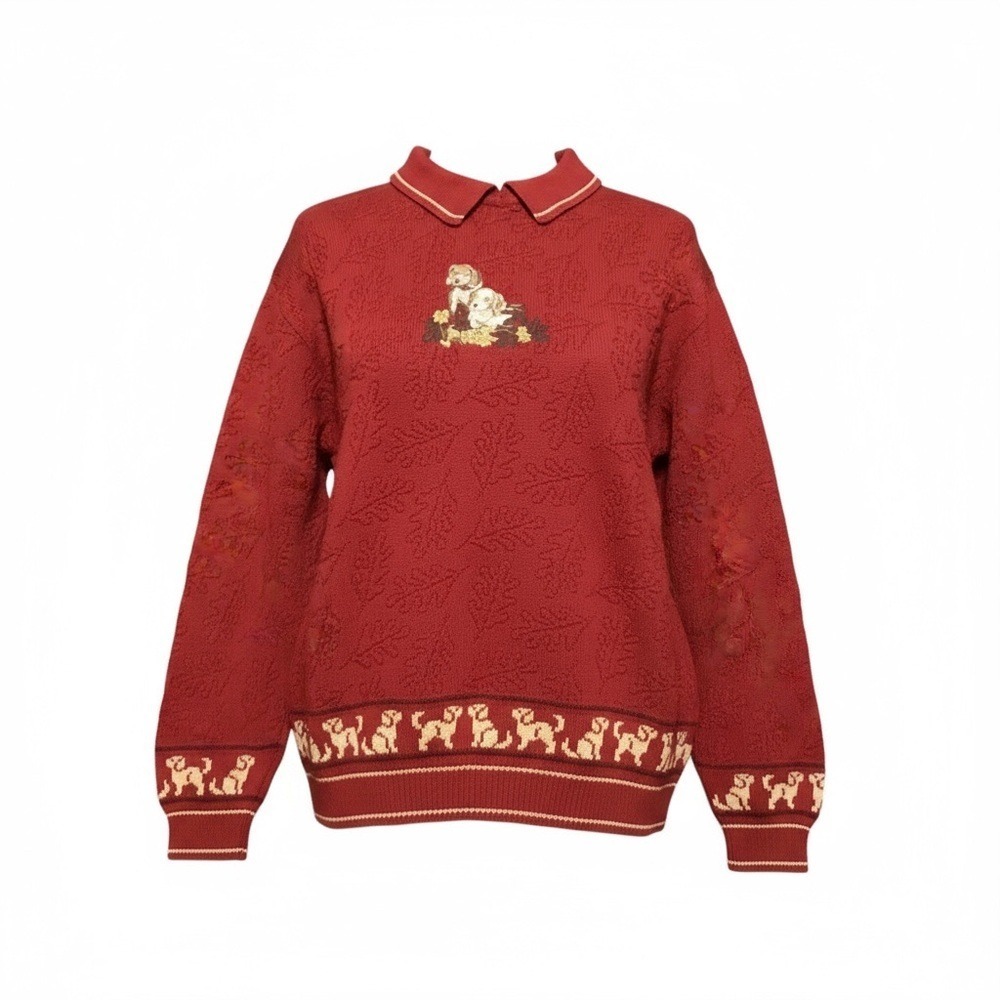 Vintage Le Mode Dog Sweater M Red Knit Ramie Cotton Puppy Embroidered Top 90s